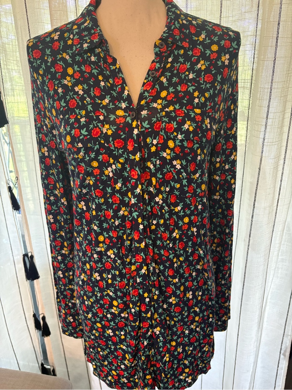 Lands' End Blue Floral Button-Down Shirt with Red and Yellow Flowers